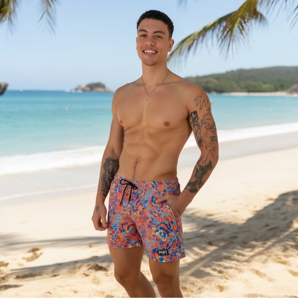 NWT BERRY BEACHY PAPI SWIMS RODEO REEF SWIMWEAR TRUNKS 5.5" Stretch SZ L